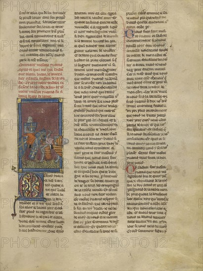 Tristan and Lucan Jousting; Jeanne de Montbaston, French, active about 1320 - 1355, Paris, France; about 1320 - 1340; Tempera