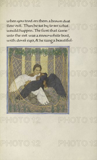 A Hunter with Two Birds in a Net; Florence Kingsford Cockerell, English, 1871 - 1949, England; 1908; Tempera, watercolors, gold