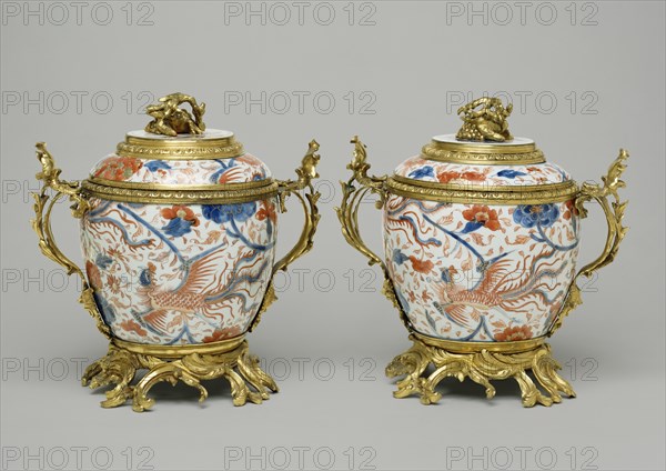 Pair of Lidded Jars; porcelain about 1662 - 1722; mounts about 1745 - 1749; Hard-paste porcelain, polychrome enamel decoration