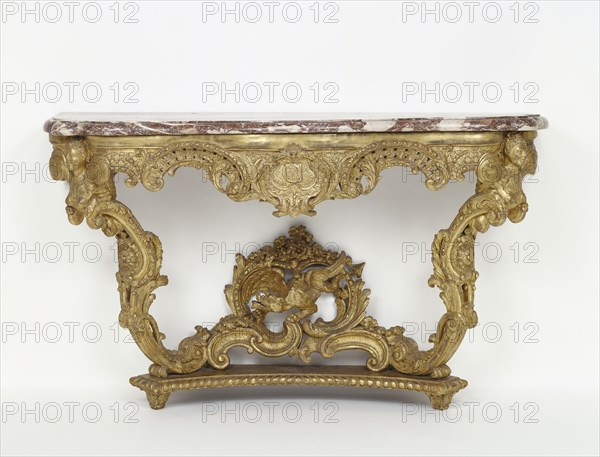 Console Table; Paris, France; about 1715 - 1720; Gessoed and gilded white oak and European walnut; lumachella pavonazza marble