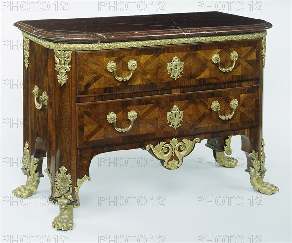 Commode; Paris, France; about 1710 - 1715; Fir and oak veneered with rosewood; drawers of walnut; gilt-bronze mounts; rouge