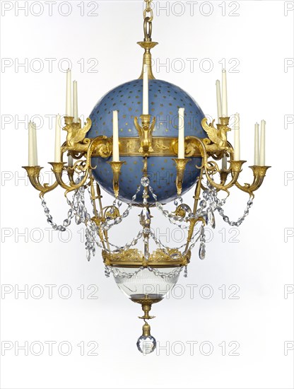 Chandelier; Gérard-Jean Galle, French, 1788 - 1846, Paris, France; about 1818 - 1819; Gilt bronze; enameled metal; glass