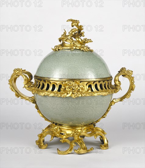 Mounted Lidded Bowl; China; porcelain about 1720; mounts about 1745 - 1749; Hard-paste porcelain; colored enamel decoration