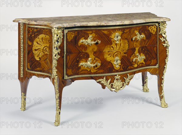 Commode;   DF; Paris, France; about 1735; Oak veneered with kingwood, walnut, amaranth, and padouk; gilt bronze mounts; breche