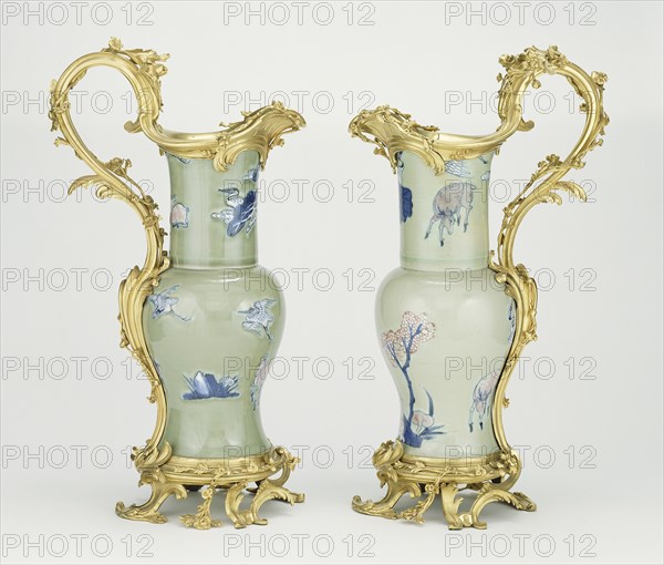 Pair of Ewers; porcelain 1662 - 1722; mounts 1745 - 1749; Hard-paste porcelain, celadon ground color, underglaze blue and copper