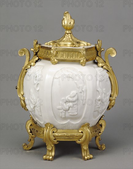 Lidded Pot; Paris, France; porcelain about 1690 - 1700; mounts about 1765 - 1770; Hard-paste porcelain, blanc de chine, gilt