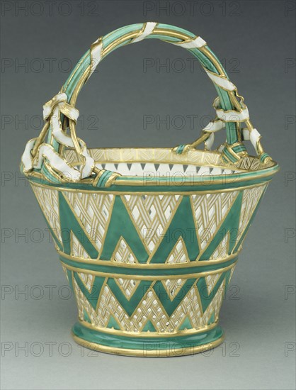 Basket; Sèvres Manufactory, French, 1756 - present, Sèvres, France; 1756; Soft paste porcelain, green ground color; gilding; 21