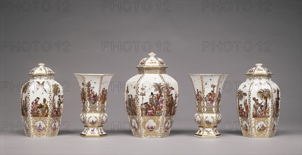 Assembled Set of Five Vases; Decoration attributed to Johann Gregor Höroldt, German, 1696 - 1775, Meissen Porcelain Manufactory