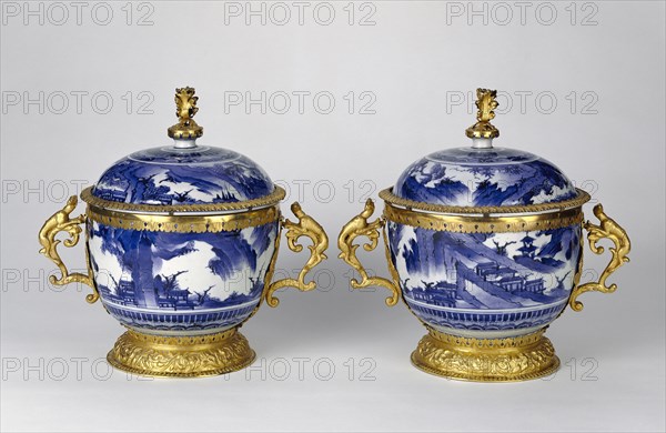 Pair of Lidded Bowls; Mounts attributed to Wolfgang Howzer, Swiss, active 1660 - about 1688, Arita, Japan; porcelain about 1650