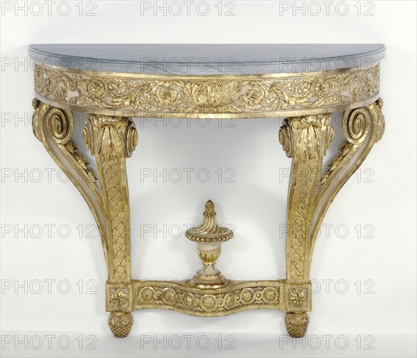 Console Table; Paris, France; about 1775; Painted and gilded oak with bleu turquin marble top; 85.7 x 104.8 x 46.4 cm