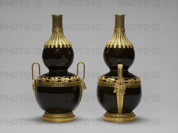 Pair of Vases; China; porcelain 1662 - 1722; mounts about 1770 - 1775; Hard-paste porcelain, black ground color and gilding