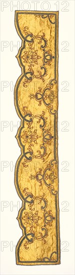 Upper inner foot valence; about 1690 - 1715; Silk satin; cording; velour; silk embroidery; damask panels with linen linings
