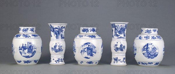 Five Piece Garniture Consisting of Three Lidded Jars and Two Beakers; 1662 - 1722; Hard-paste porcelain with underglaze blue