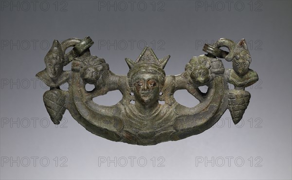 Handle with the Head of a Goddess, Demeter or Cybele, Gaul; early 3rd century; Bronze, with silver; 9.2 × 18.5 cm