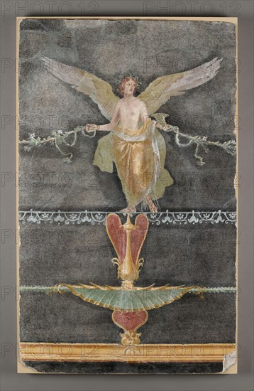 Fresco Fragment with Winged Female on Black Ground; Boscoreale, Italy; 50 - 79; Plaster and pigment; 91 × 56 × 5 cm, 35 13,16