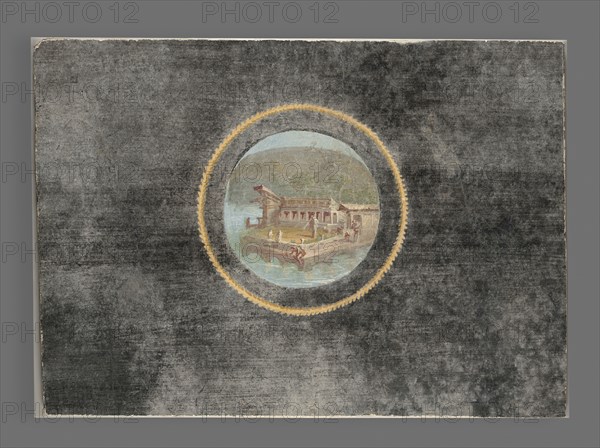 Black-Ground Fresco Fragment with Landscape in Tondo; Italy; A.D. 50–79; Fresco; 40.3 × 56.5 × 4.4 cm