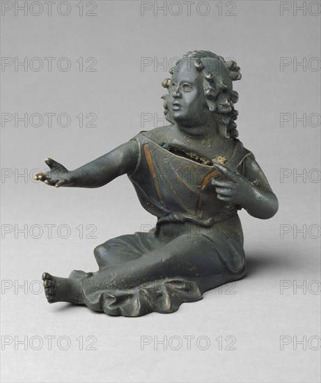 Coin Bank Shaped as a Beggar Girl; Roman Empire; about 25 - 50; Bronze, copper inlay; 12.2 × 13.5 cm, 4 13,16 × 5 5,16 in