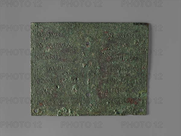 One Plaque of a Roman Military Diploma; Roman Empire; 88; Bronze; 19.2 × 15.1 × 2.5 cm, 7 9,16 × 5 15,16 × 1 in