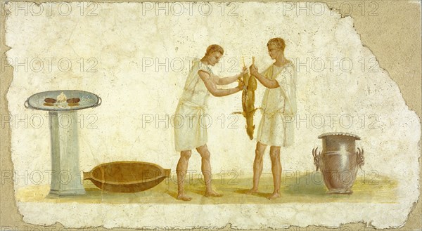 Wall Fragment with a Scene of Meal Preparation; Italy; 100 - 150; Fresco; 69.5 × 127 × 3.5 cm, 27 3,8 × 50 × 1 3,8 in