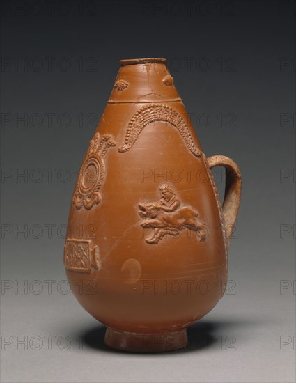 Jug with Gladiators Fighting Wild Beasts; North Africa, Tunisia; 200 - 275; Terracotta; 16.3 cm, 6 7,16 in