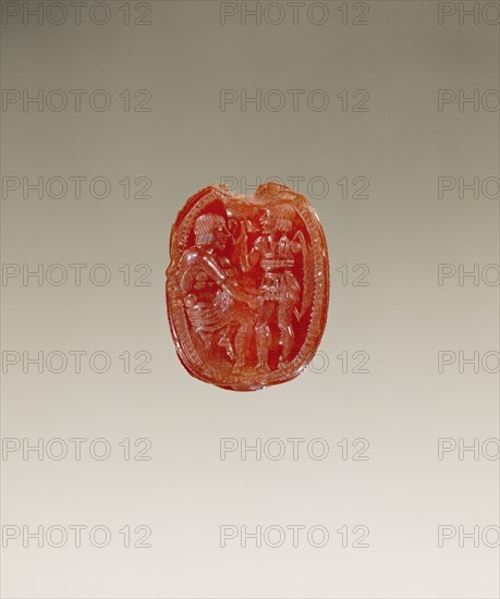 Gem Engraved with Achilles and Patroclus in Armor; Etruria; second half of 5th century B.C; Carnelian; 0.8 × 1.5 × 1.2 cm