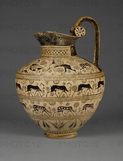 Pitcher with Waterbirds, Dogs, and Ruminants; Ionia, present-day western Turkey, about 625 B.C; Terracotta; 35.7 × 26.5 cm