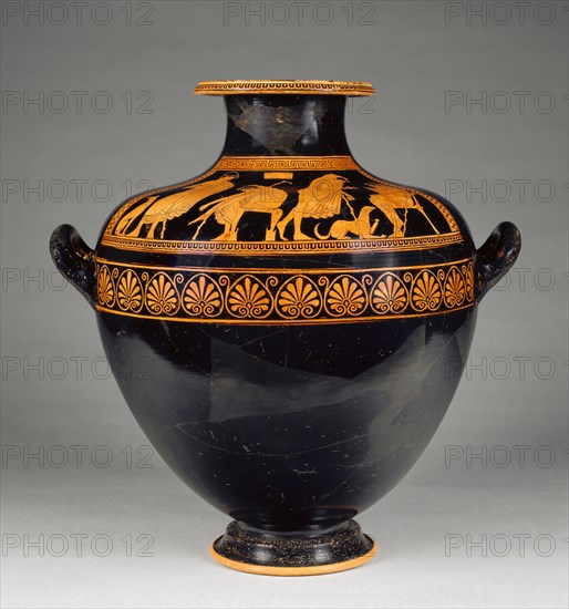 Vessel with Youths and Their Dogs; Attributed to the Kleophrades Painter, Greek, Attic, active 505 - 475 B.C., Athens, Greece