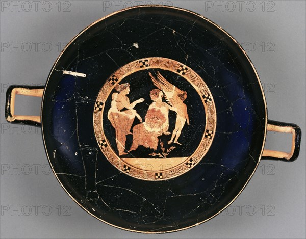 Wine Cup with Demonassa and Peitho; Interior attributed to Meidias Painter, Greek, Attic, active 420 - 390 B.C., Athens