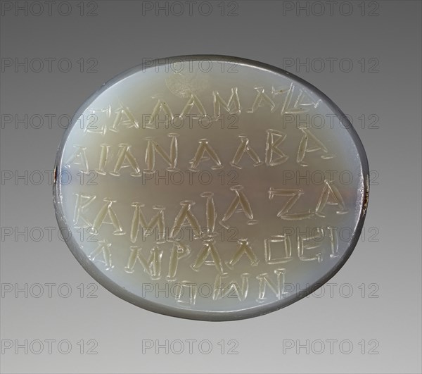 Engraved Gem with Magical Inscription; Afghanistan; A.D. 100–250; Chalcedony, gray; 2.3 × 2.3 × 1.2 cm, 7,8 × 7,8 × 1,2 in