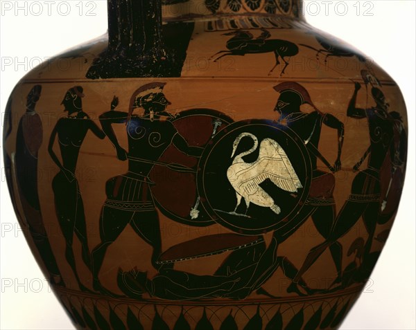 Storage Jar with a Battle Scene; Attributed to Group E, Workshop of Exekias, Greek, Attic, active 560 - 540 B.C., near the