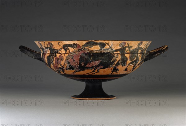 Wine Cup with a Boar Hunt; Painter of Boston C.A; Athens, Greece; about 560 B.C; Terracotta; 12.9 × 33.8 × 26.2 cm
