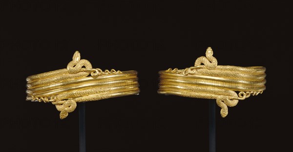 Snake Bracelets; Alexandria, Egypt; 220 - 100 B.C; Bracelets: Gold; Fastening pin: Copper alloy