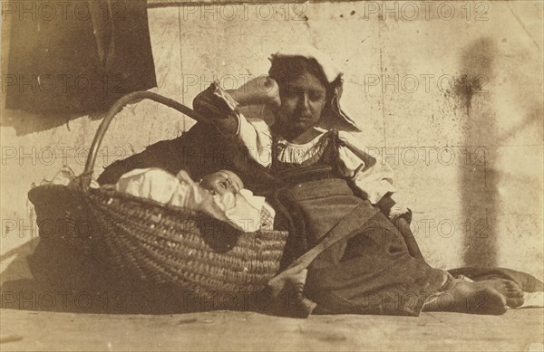 Barefoot girl leaning on basket with a doll; Giacomo Caneva, Italian, 1813 - 1865, Italy; about 1850s; Salted paper print