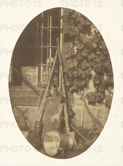 Still life with garden equipment; Comte Olympe Aguado, French, 1827 - 1894, 1855; Salted paper print; 16.5 x 11.4 cm