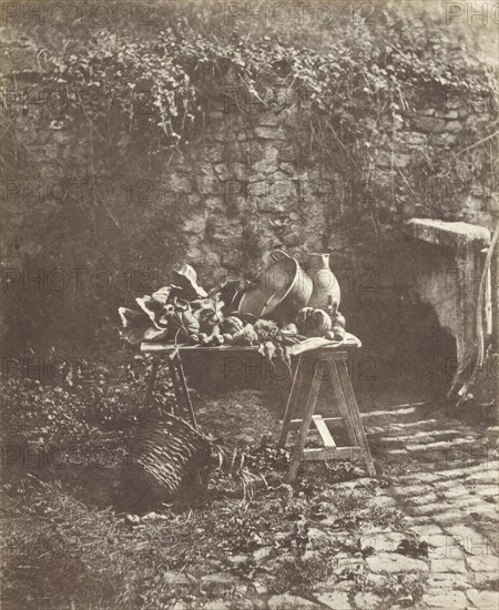 Nature morte: Chaudron, cruche et légumes sur une table à tréteaux; Henri-Victor Regnault, French, 1810 - 1878, Louis Désiré