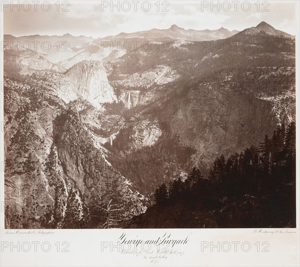 Yowiye and Pwiyack, Vernal, 350 ft., and Nevada Fall, 700 ft., Yo Semite Valley; Thomas Houseworth & Company, Carleton Watkins