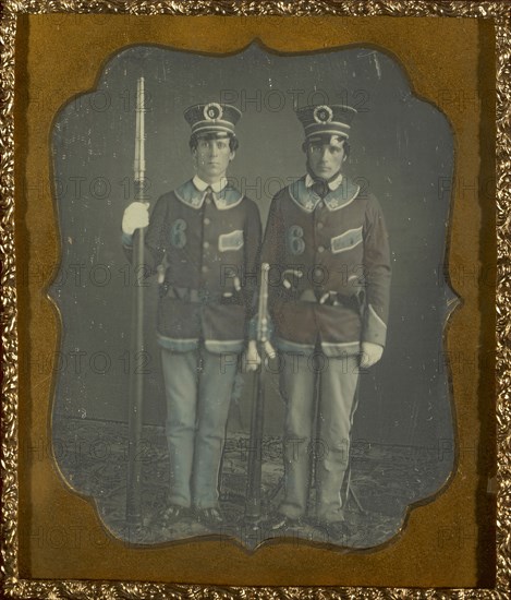 Portrait of Two Young Men in Uniform; American; about 1852; Daguerreotype, hand-colored; 7 x 5.6 cm 2 3,4 x 2 3,16 in