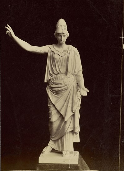 Statue of female figure in military helmet; about 1870 - 1890; Albumen silver print