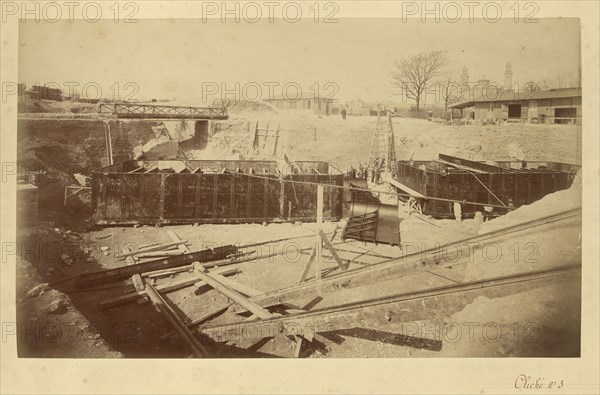 Pier no.2, mounting the caissons; Louis-Émile Durandelle, French, 1839 - 1917, April 21, 1887; Albumen silver print