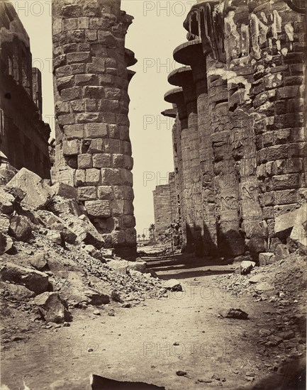 Avenue centrale de la salle hypostyle, prise de l'est, Karnak, - Thebes; Félix Bonfils, French, 1831 - 1885, Thebes, Egypt