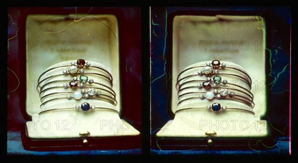 Gold bracelets with various precious gems; Lumière Brothers; about 1898; All-Chroma autochrome; 7.3 x 6.7 cm 2 7,8 x 2 5,8 in