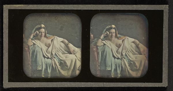 Female Nude in Harem Costume Reclining; Attributed to Bruno Braquehais, French, 1823 - 1875, 1856 - 1858; Stereograph