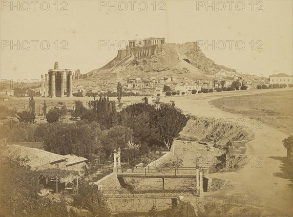 Athens - view of the Acropolis from the southeast, including temple of Zeus Olympios and arch of Hadrian; Dimitrios Constantin
