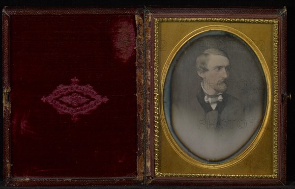 Vignetted Portrait of a Man with a Van Dyke Beard; Brady Gallery, about 1859 - 1862, about 1854; Daguerreotype, hand-colored
