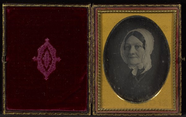 Portrait of an elderly woman in lace bonnet; Brady Gallery, about 1859 - 1862, about 1853; Daguerreotype