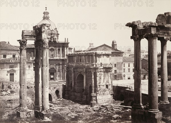 The arch of Septimus and temple of Vespasian, Rome; Rome, Italy; about 1860 - 1870; Albumen silver print