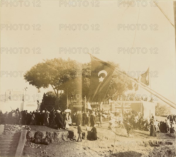 Crowd outside of Luxor Hotel; Luxor, Egypt; about 1877 - 1880; Tinted Albumen silver print