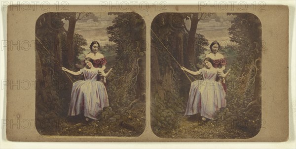 Woman pushing another woman in a swing; Attributed to London Stereoscopic Company, active 1854 - 1890, about 1865; Hand colored