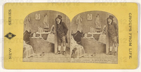 Gracious. Goodness. Mr. Smith, how dare you think of intruding on a lady in such a situation.; American; about 1870; Albumen