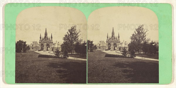 Northern Entrance and New York Harbor. Greenwood Cemetery, New York; American; about 1870; Albumen silver print